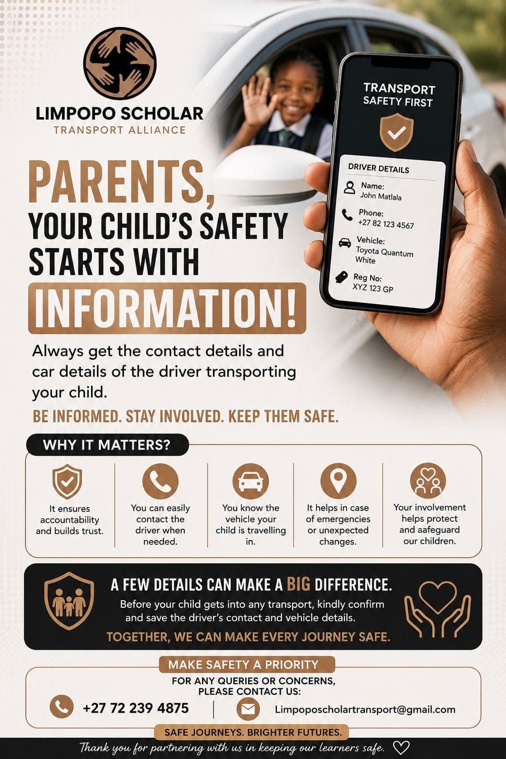 LSTA announcement encouraging parents to save their child's scholar transport driver's contact and vehicle details