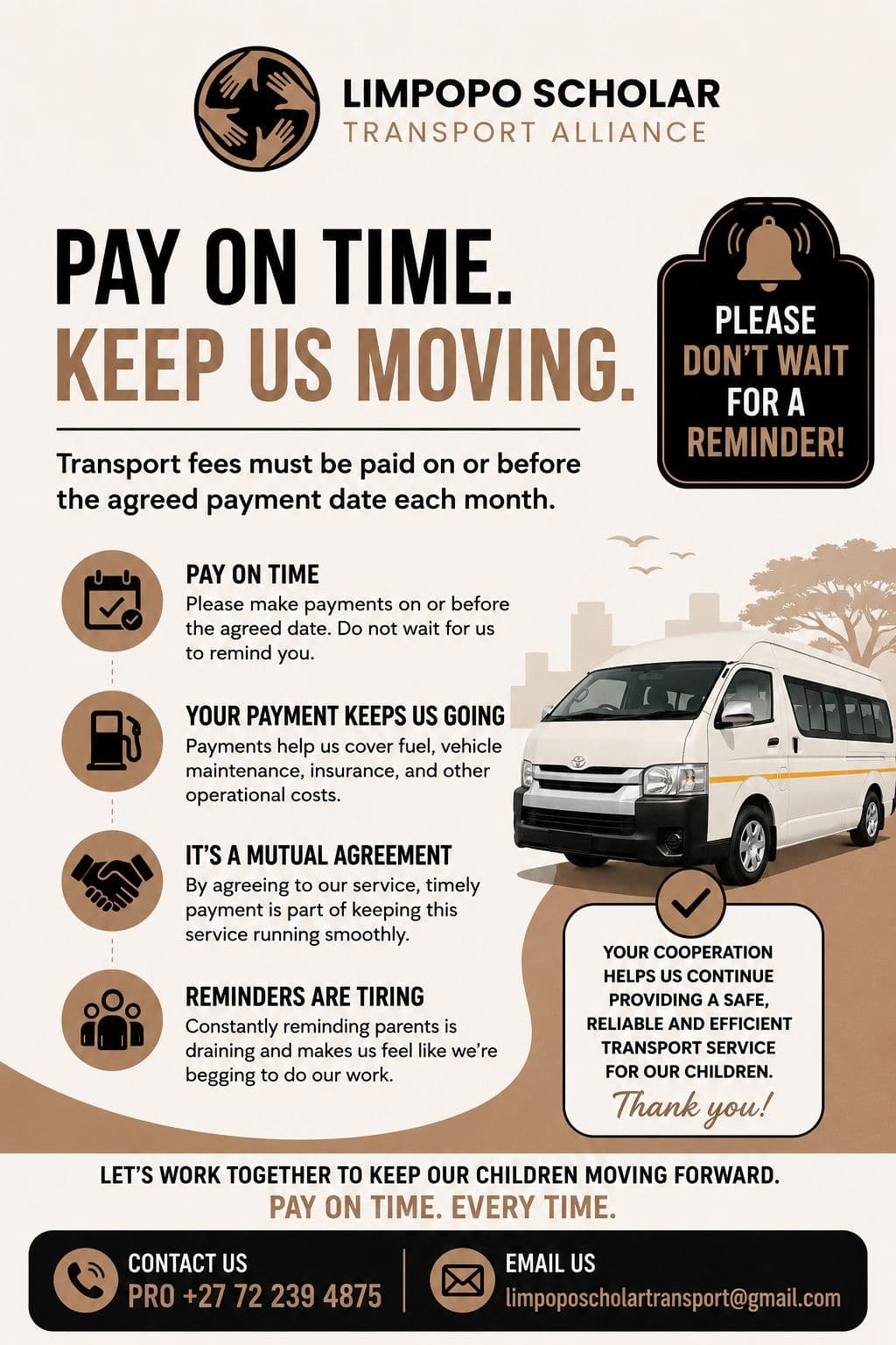 LSTA announcement asking families to pay scholar transport fees by the agreed date