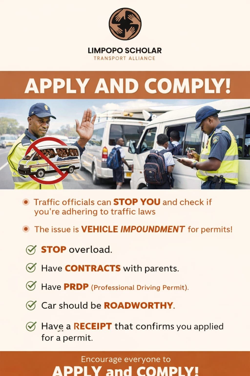 LSTA apply and comply announcement with scholar transport vehicles, traffic officers and a compliance checklist
