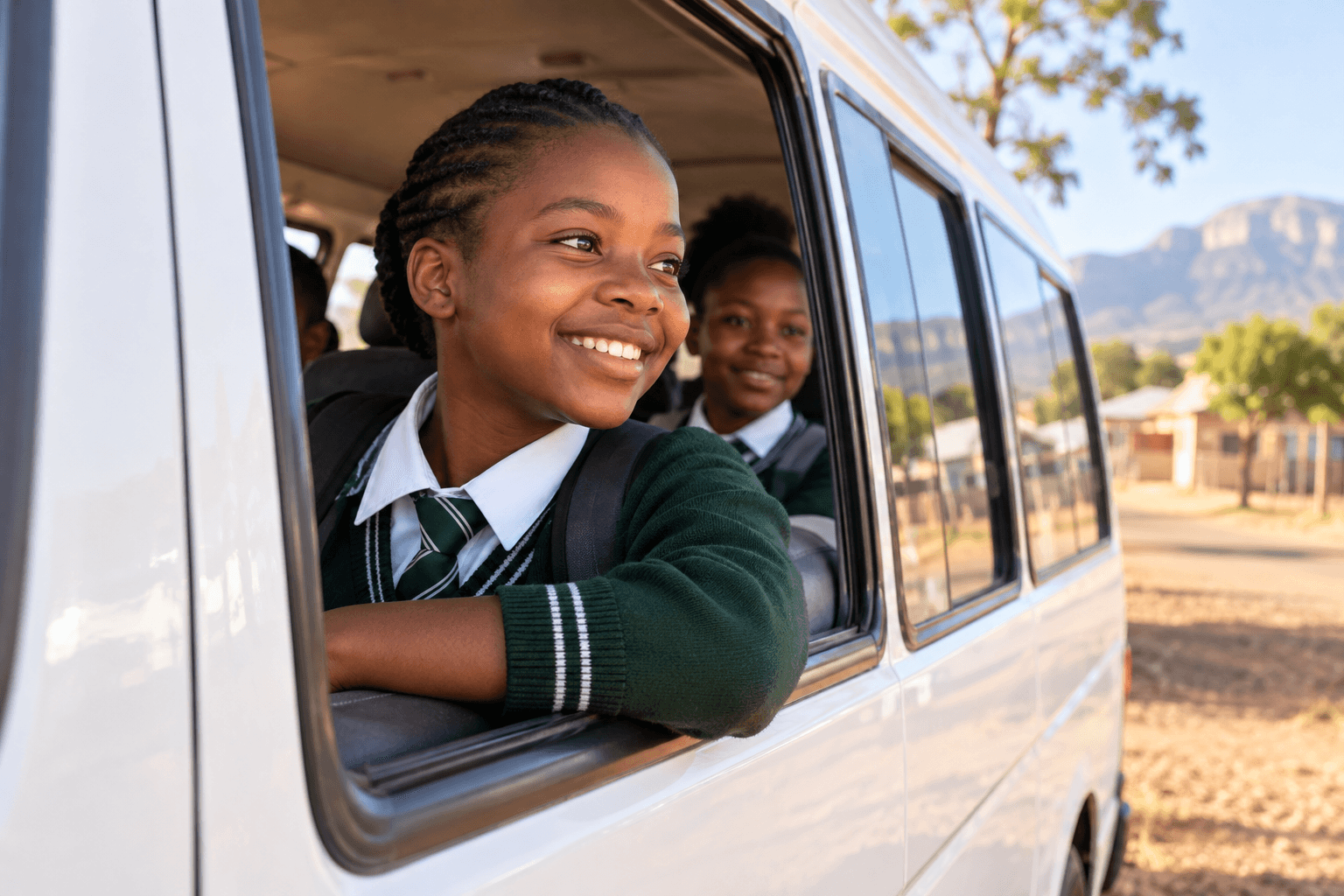 Learner smiling from the window of a scholar transport minibus